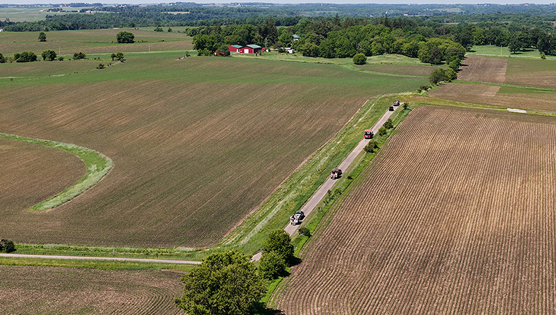 Drone photo of wagons on trail